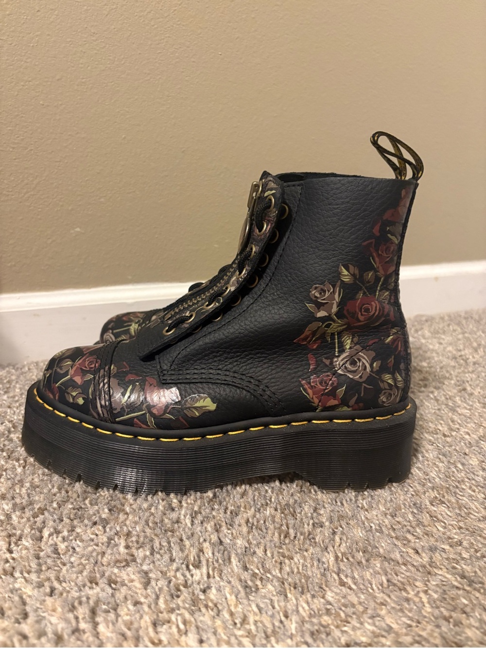 Dr. Martens Black Rose Print Platform Lace-Up Boots